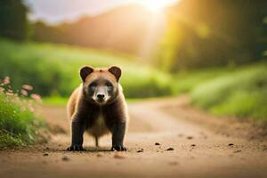 uma Urso caminhando baixa uma sujeira estrada dentro a meio do uma campo. gerado por IA foto