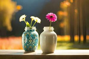 dois vasos com flores sentado em uma mesa. gerado por IA foto