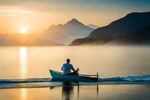 homem dentro uma barco em a oceano às pôr do sol. gerado por IA foto
