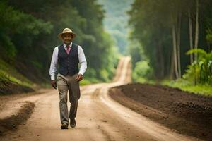 uma homem dentro uma chapéu e colete caminhando baixa uma sujeira estrada. gerado por IA foto