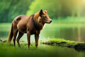 uma cavalo em pé dentro a Relva perto uma rio. gerado por IA foto