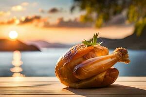 uma frango em uma de madeira mesa com uma pôr do sol dentro a fundo. gerado por IA foto