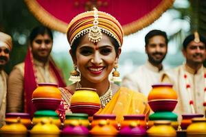 uma mulher dentro tradicional indiano vestuário segurando colorida potes. gerado por IA foto