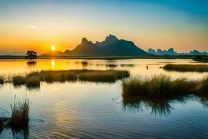 a Sol sobe sobre uma lago e montanhas dentro China. gerado por IA foto