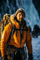 gelo machados dentro mão alpinista cria estratégias rota acima glacial cascata foto