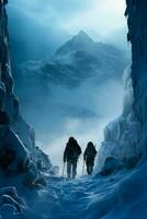 alpinistas silhueta contra gigantesco gelado cascata fundo com esvaziar espaço para texto foto