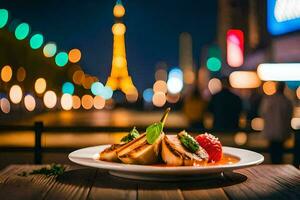 uma prato do Comida com uma Visão do a eiffel torre. gerado por IA foto