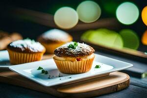 três bolos de copo em uma prato com uma de madeira fundo. gerado por IA foto