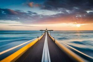 uma grandes exposição fotografia do uma cais com a Sol configuração sobre a oceano. gerado por IA foto