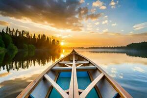 uma canoa é flutuando em a água às pôr do sol. gerado por IA foto