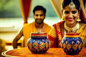 uma casal dentro tradicional indiano vestuário sentado às uma mesa com colorida potes. gerado por IA foto