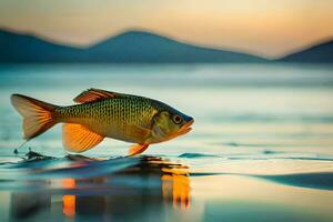 uma peixe é em pé em a água às pôr do sol. gerado por IA foto