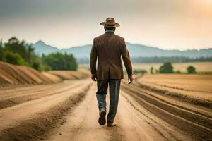 uma homem dentro uma terno e chapéu caminhando baixa uma sujeira estrada. gerado por IA foto