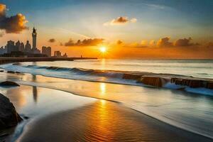 a Sol sobe sobre a cidade Horizonte. gerado por IA foto