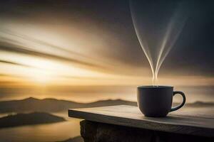 a café copo é em uma de madeira mesa com uma Visão do a pôr do sol. gerado por IA foto
