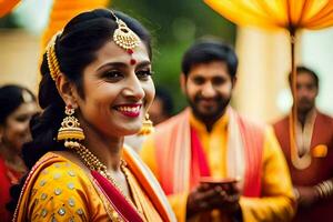 uma lindo indiano noiva sorridente para a Câmera. gerado por IA foto