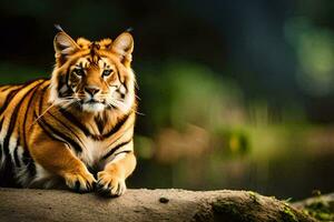 uma tigre sentado em uma Rocha de uma rio. gerado por IA foto