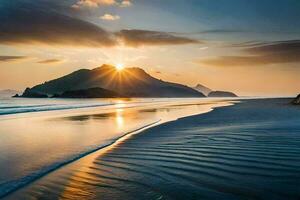 a Sol conjuntos sobre uma de praia e montanhas. gerado por IA foto