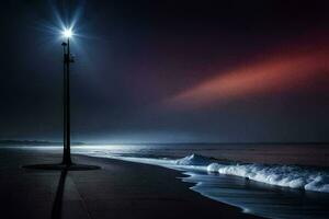 uma rua luz é brilhando em a de praia às noite. gerado por IA foto