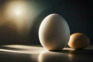 dois ovos estão sentado em uma mesa dentro frente do uma claro. gerado por IA foto