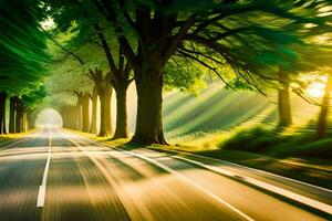 uma estrada com árvores e Sol raios dentro a fundo. gerado por IA foto