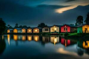 uma linha do colorida casas em a água às noite. gerado por IA foto