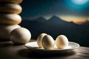 três ovos sentar em uma prato com montanhas dentro a fundo. gerado por IA foto