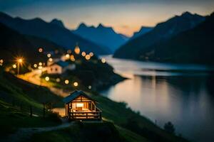 foto papel de parede a céu, montanhas, lago, casa, luz, noite, casa, HD. gerado por IA