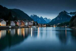 uma lago e montanhas às noite. gerado por IA foto
