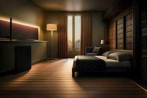 uma quarto com uma cama e uma janela. gerado por IA foto