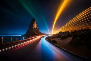 uma grandes exposição fotografia do uma estrada e montanha. gerado por IA foto