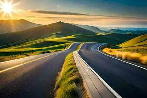 uma enrolamento estrada dentro a montanhas. gerado por IA foto