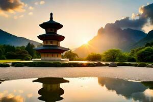 uma pagode dentro a montanhas às pôr do sol. gerado por IA foto