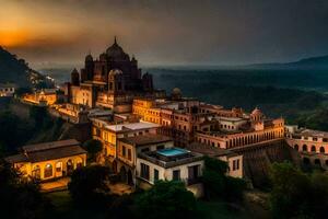 a pôr do sol sobre a cidade do Jaipur. gerado por IA foto