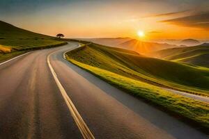 uma estrada enrolamento através a colinas às pôr do sol. gerado por IA foto