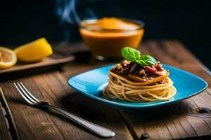 espaguete com carne e tomate molho em uma azul placa. gerado por IA foto