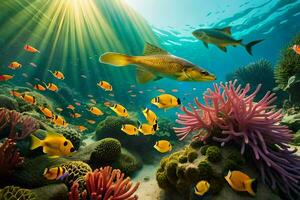 embaixo da agua cena com peixe e coral recifes. gerado por IA foto