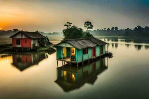 dois pequeno casas sentar em a costa do uma lago. gerado por IA foto