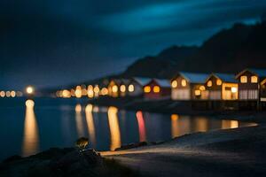 foto papel de parede a noite, água, casas, a mar, a praia, a luzes, o. gerado por IA