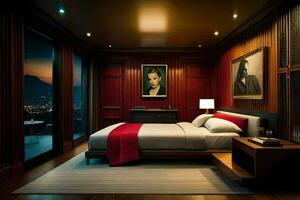 uma quarto com vermelho paredes e madeira andares. gerado por IA foto