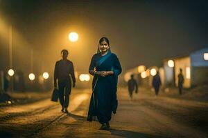 uma mulher dentro uma Preto vestir caminhando baixa uma estrada às noite. gerado por IA foto