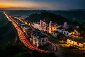 uma cidade às pôr do sol com grandes exposição fotografia. gerado por IA foto