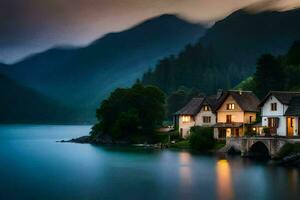 foto papel de parede a céu, lago, montanhas, casa, a casa, a lago, a montanhas. gerado por IA