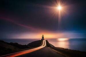 uma grandes exposição fotografia do uma farol com uma carro dirigindo ao longo a estrada. gerado por IA foto