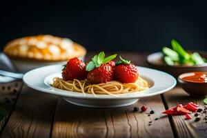 espaguete com tomates e manjericão folhas em uma placa. gerado por IA foto