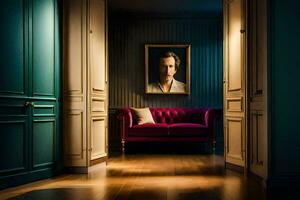 uma quarto com uma roxa sofá e uma pintura. gerado por IA foto