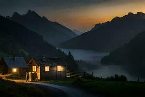 uma cabine dentro a montanhas às pôr do sol. gerado por IA foto