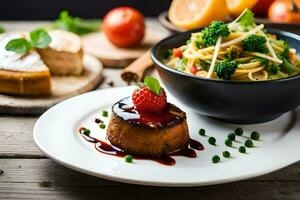 uma prato com uma sobremesa e uma tigela do legumes. gerado por IA foto