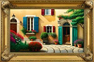uma pintura do uma casa com flores e plantas. gerado por IA foto