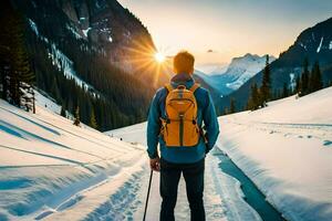 uma homem com uma mochila e esqui postes caminhando através neve. gerado por IA foto